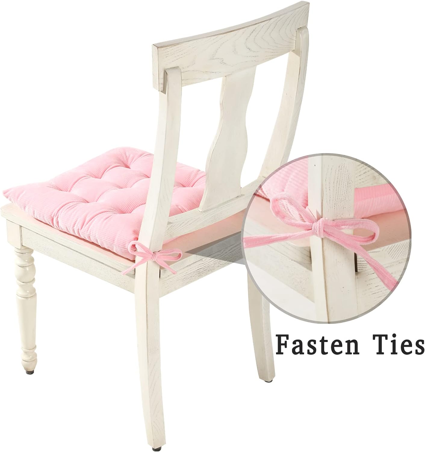 Corduroy Chair Cushion with Ties – 15.7"x15.7" Square Padded Seat Pad for Dining & Office Chairs (Pink)