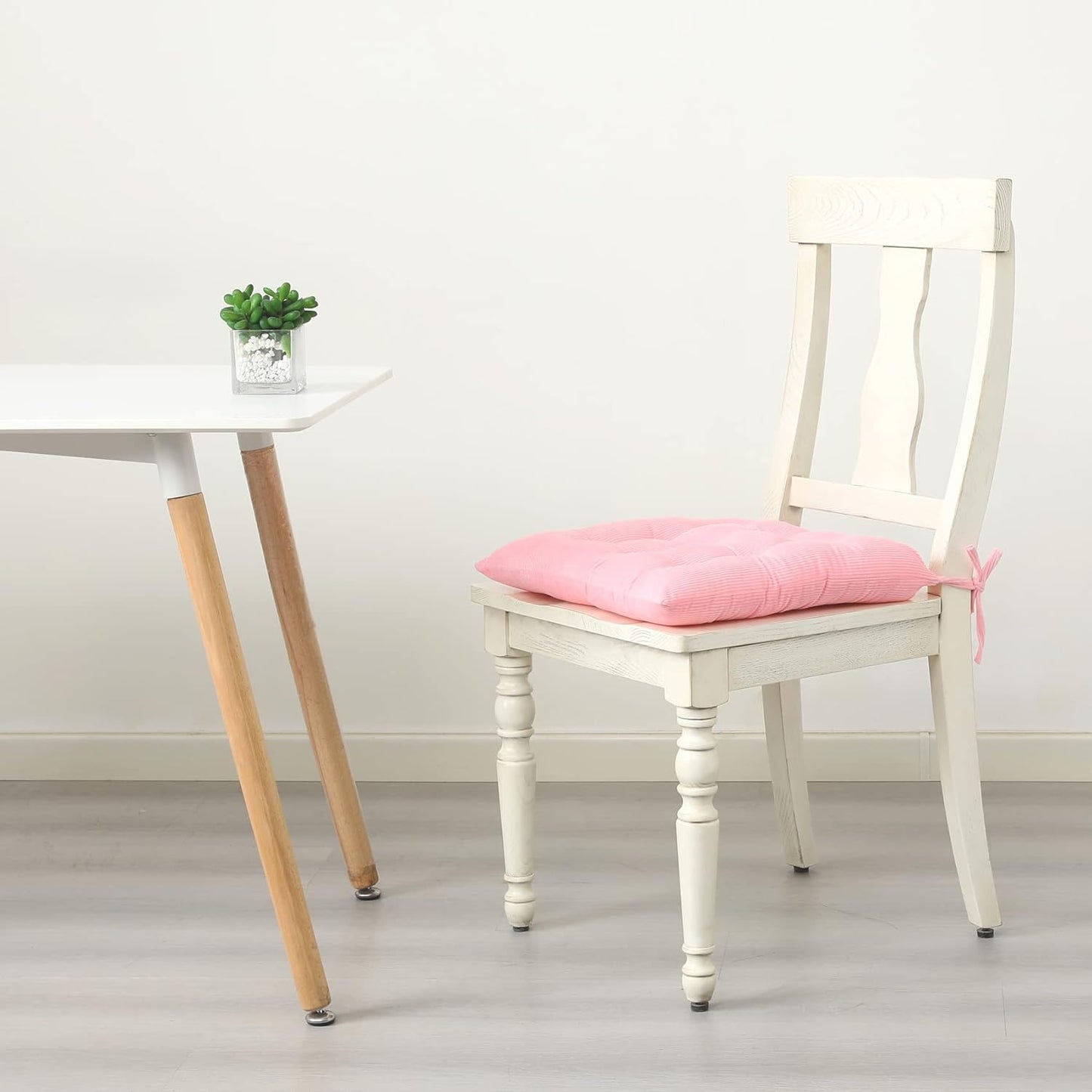 Corduroy Chair Cushion with Ties – 15.7"x15.7" Square Padded Seat Pad for Dining & Office Chairs (Pink)