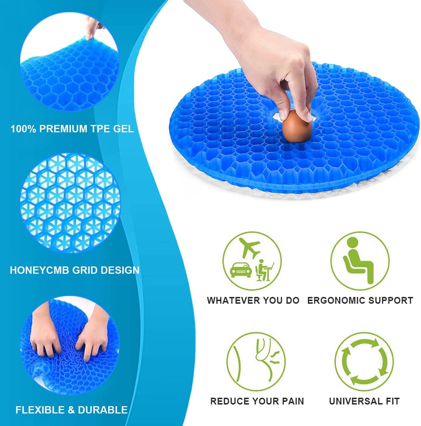 Honeycomb Gel Seat Cushion – 16" Round Pressure Relief Pad with Breathable & Washable Cover