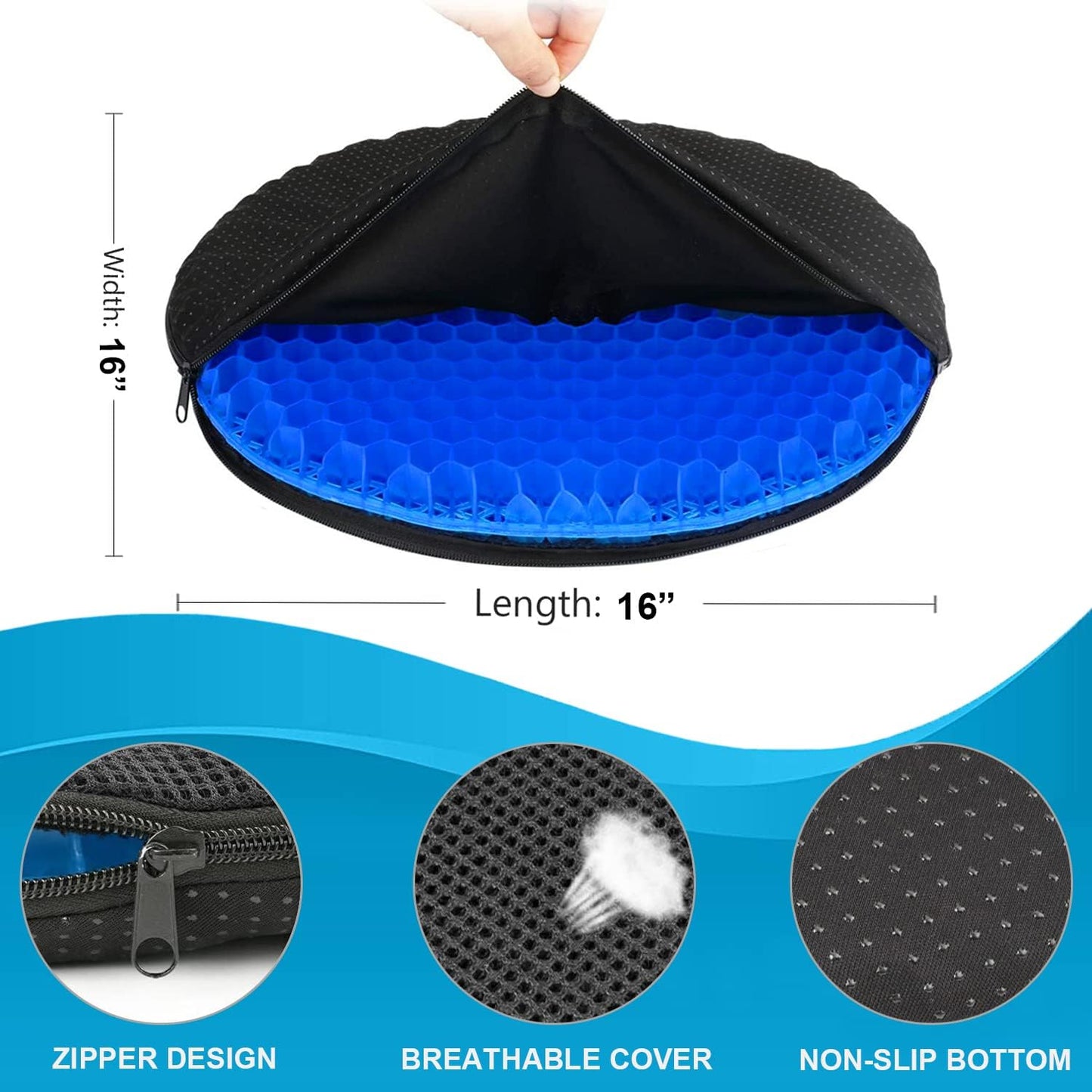 Honeycomb Gel Seat Cushion – 16" Round Pressure Relief Pad with Breathable & Washable Cover