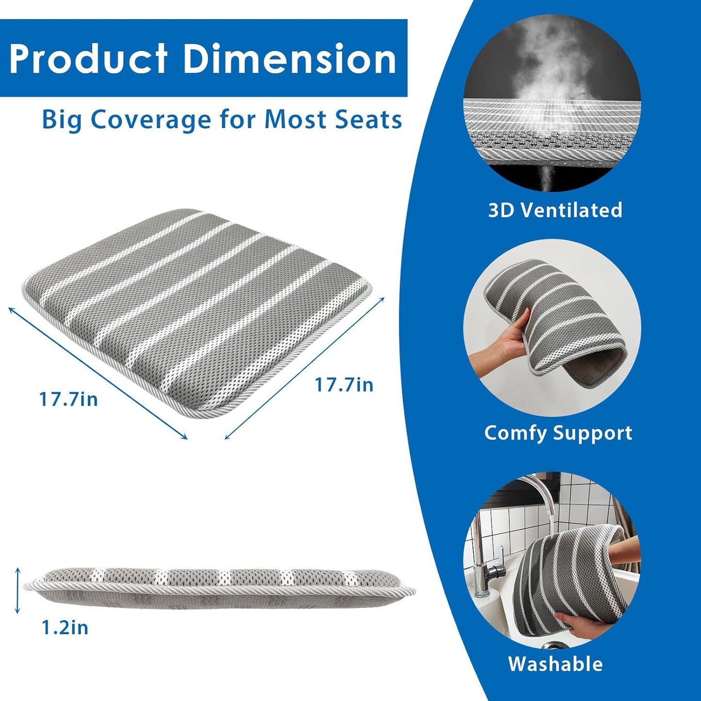 3D Breathable Mesh Seat Cushion – Washable and Comfortable Pad for Office, Dining, Outdoor, and Wheelchair (Gray Stripes)