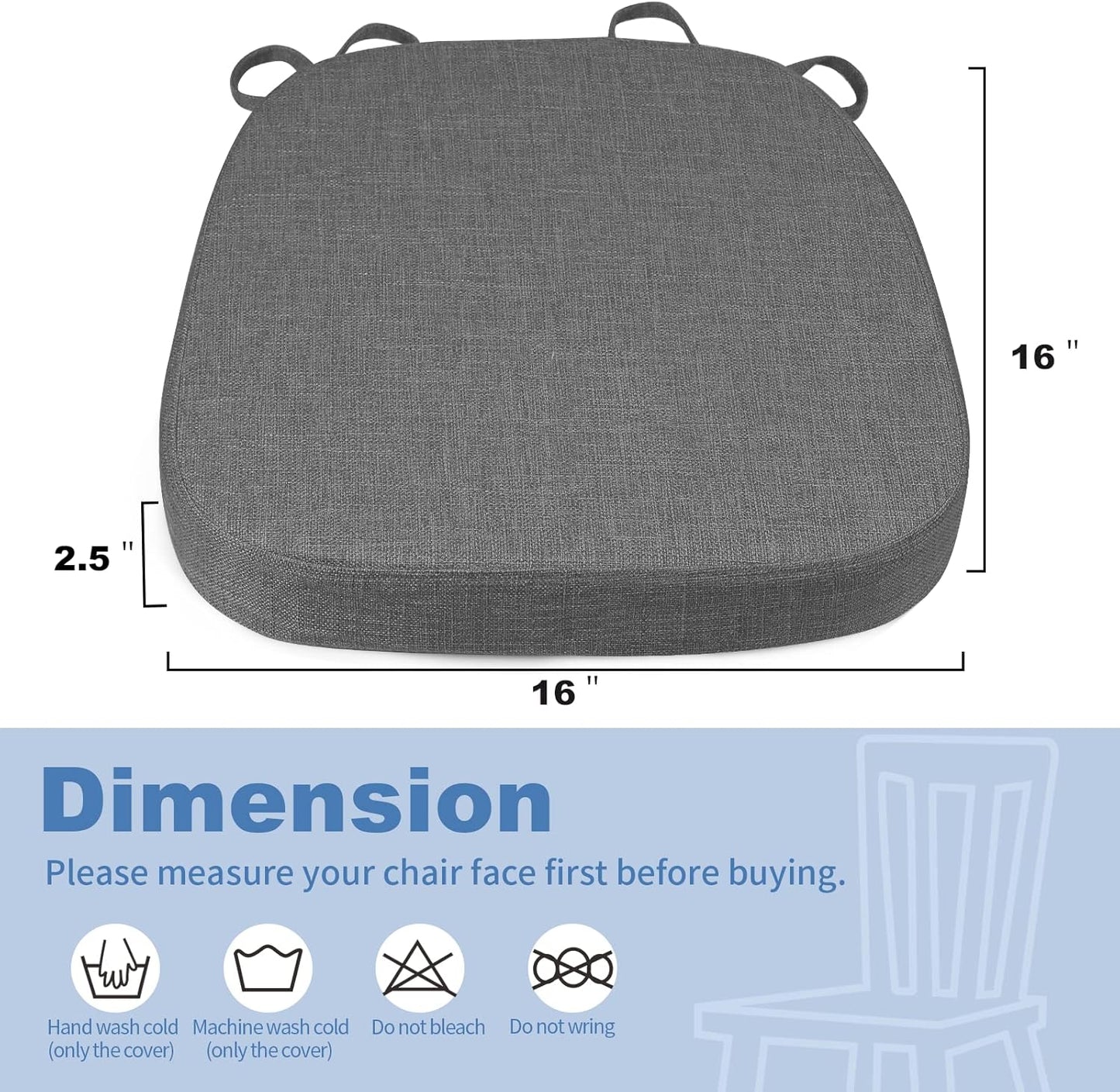 Thick Padded Chair Cushion – 16"x16"x2.5" Seat Pad with Ties for Indoor & Outdoor Chairs