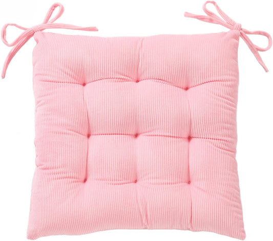 Corduroy Chair Cushion with Ties – 15.7"x15.7" Square Padded Seat Pad for Dining & Office Chairs (Pink)