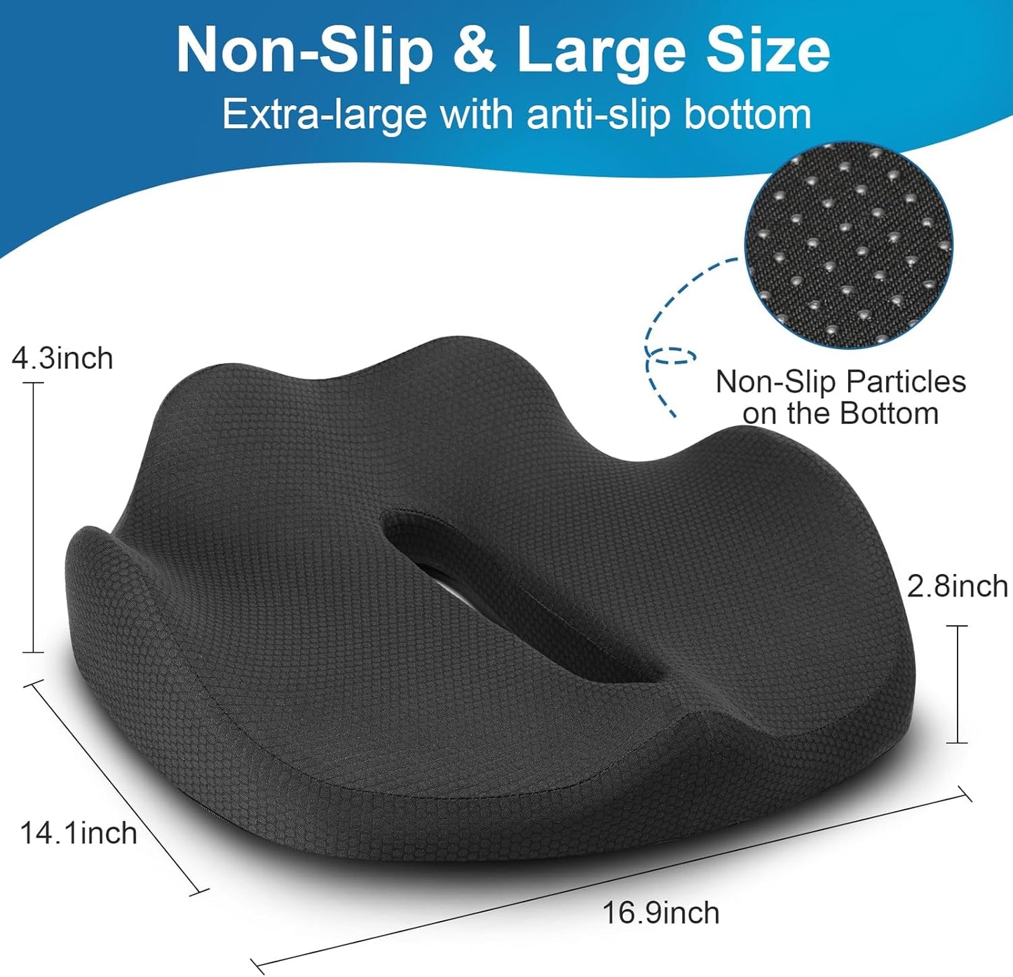 Ergonomic Coccyx Seat Cushion – Extra-Large Memory Foam Pillow with Non-Slip Bottom for Office Chair, Car, Wheelchair, Home (16.9"x14.1"x4.3")