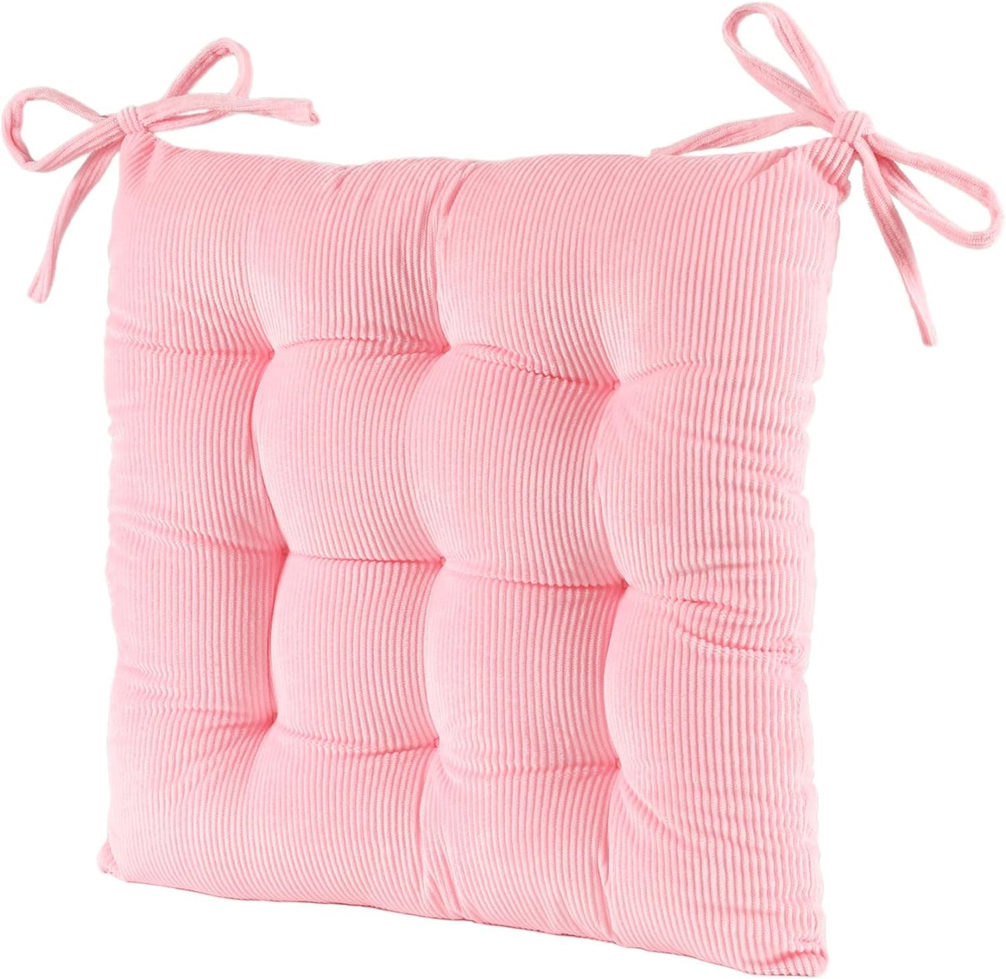 Corduroy Chair Cushion with Ties – 15.7"x15.7" Square Padded Seat Pad for Dining & Office Chairs (Pink)