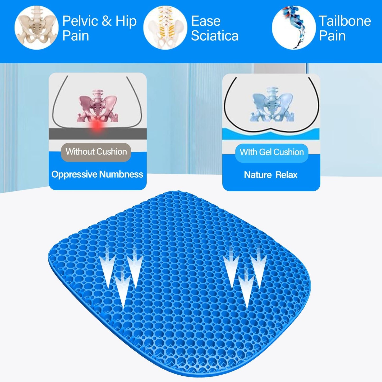 Honeycomb Gel Seat Cushion – Double Thick with Non-Slip Base & Breathable Cover, Pressure Relief for Office or Home