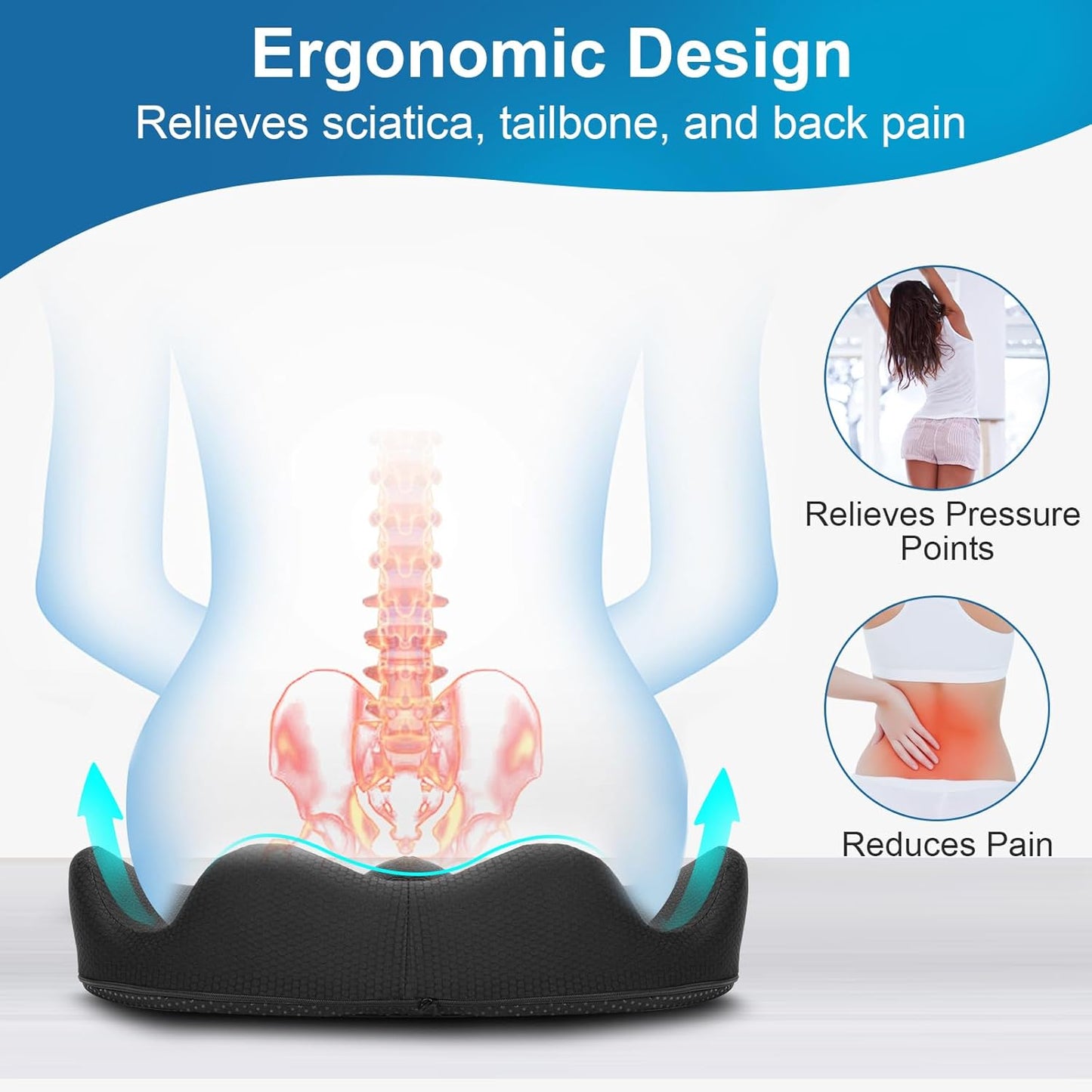 Ergonomic Coccyx Seat Cushion – Extra-Large Memory Foam Pillow with Non-Slip Bottom for Office Chair, Car, Wheelchair, Home (16.9"x14.1"x4.3")