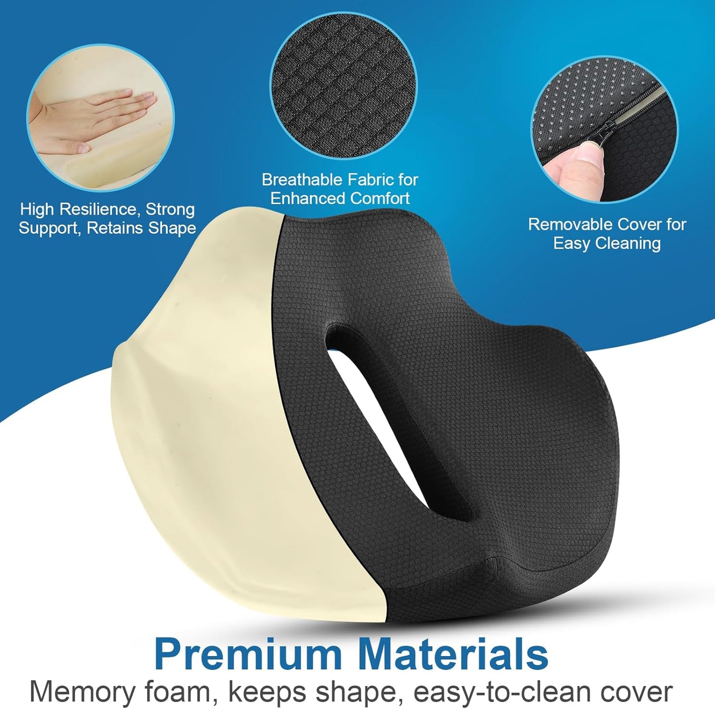 Ergonomic Coccyx Seat Cushion – Extra-Large Memory Foam Pillow with Non-Slip Bottom for Office Chair, Car, Wheelchair, Home (16.9"x14.1"x4.3")