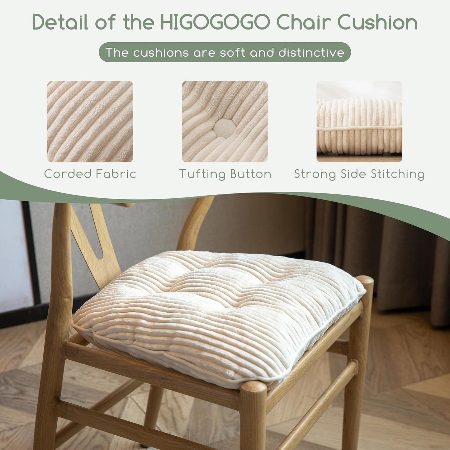 Striped Quilted Chair Cushion – Thickened Soft Seat Pad for Dining, Office, Vanity Chairs, Classic Beige