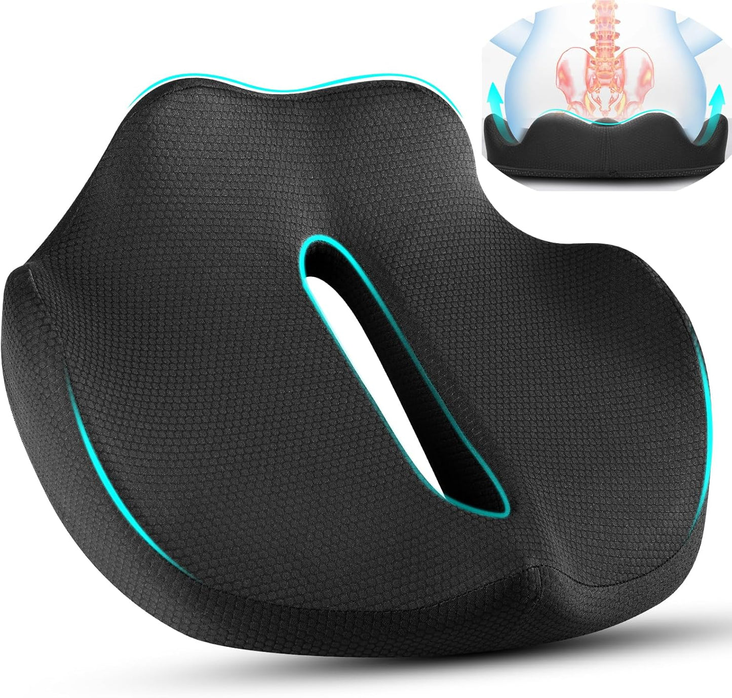 Ergonomic Coccyx Seat Cushion – Extra-Large Memory Foam Pillow with Non-Slip Bottom for Office Chair, Car, Wheelchair, Home (16.9"x14.1"x4.3")