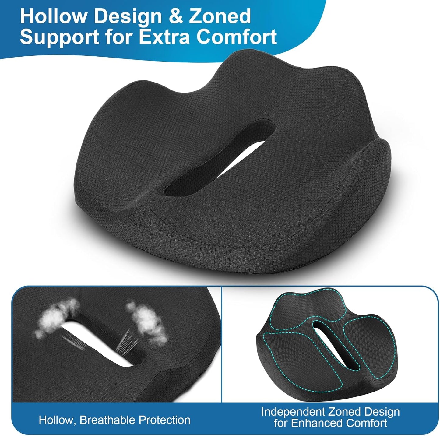 Ergonomic Coccyx Seat Cushion – Extra-Large Memory Foam Pillow with Non-Slip Bottom for Office Chair, Car, Wheelchair, Home (16.9"x14.1"x4.3")