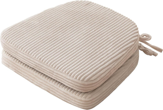 Striped Fabric Chair Cushion with Ties – Beige Soft Pad for Dining, Office, Home Chairs, 17 x 16 x 2.3 inch