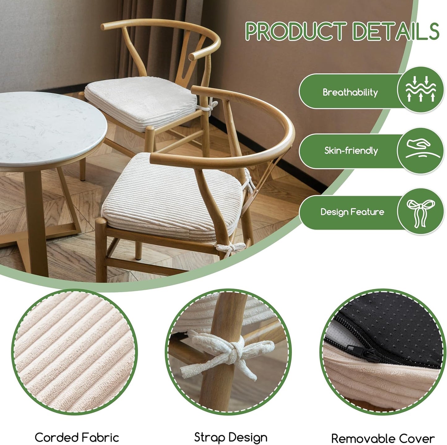 Striped Fabric Chair Cushion with Ties – Beige Soft Pad for Dining, Office, Home Chairs, 17 x 16 x 2.3 inch