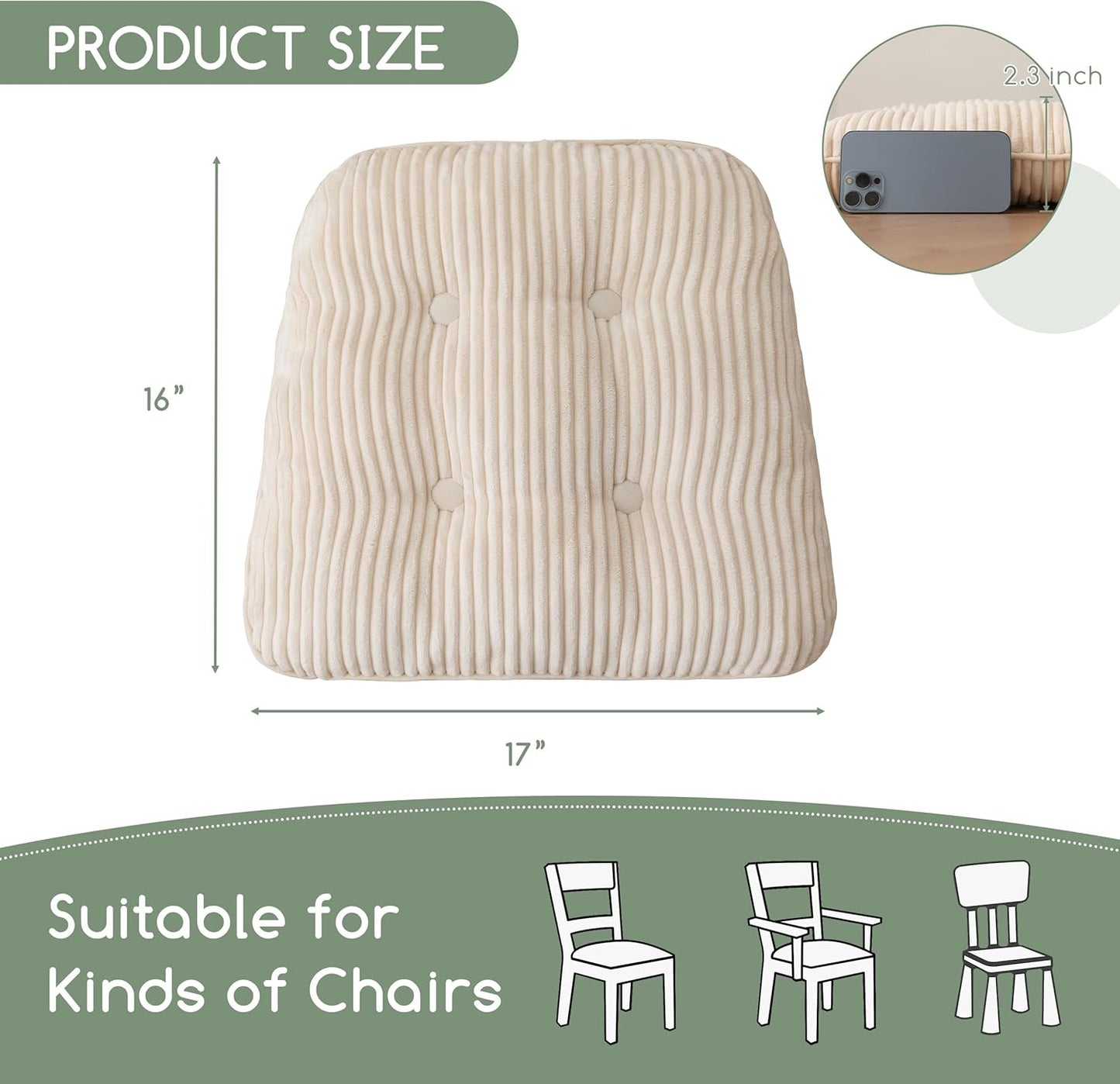 Striped Quilted Chair Cushion – Thickened Soft Seat Pad for Dining, Office, Vanity Chairs, Classic Beige