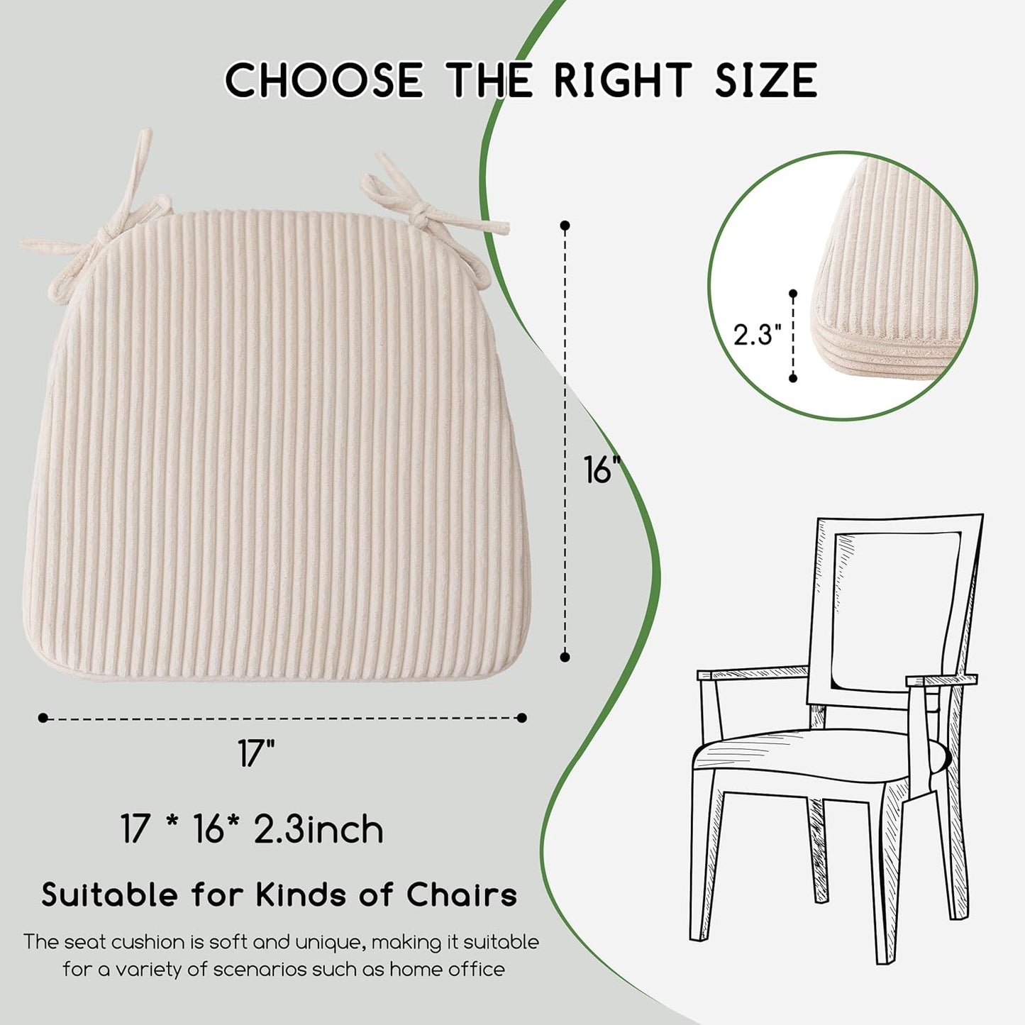 Striped Fabric Chair Cushion with Ties – Beige Soft Pad for Dining, Office, Home Chairs, 17 x 16 x 2.3 inch