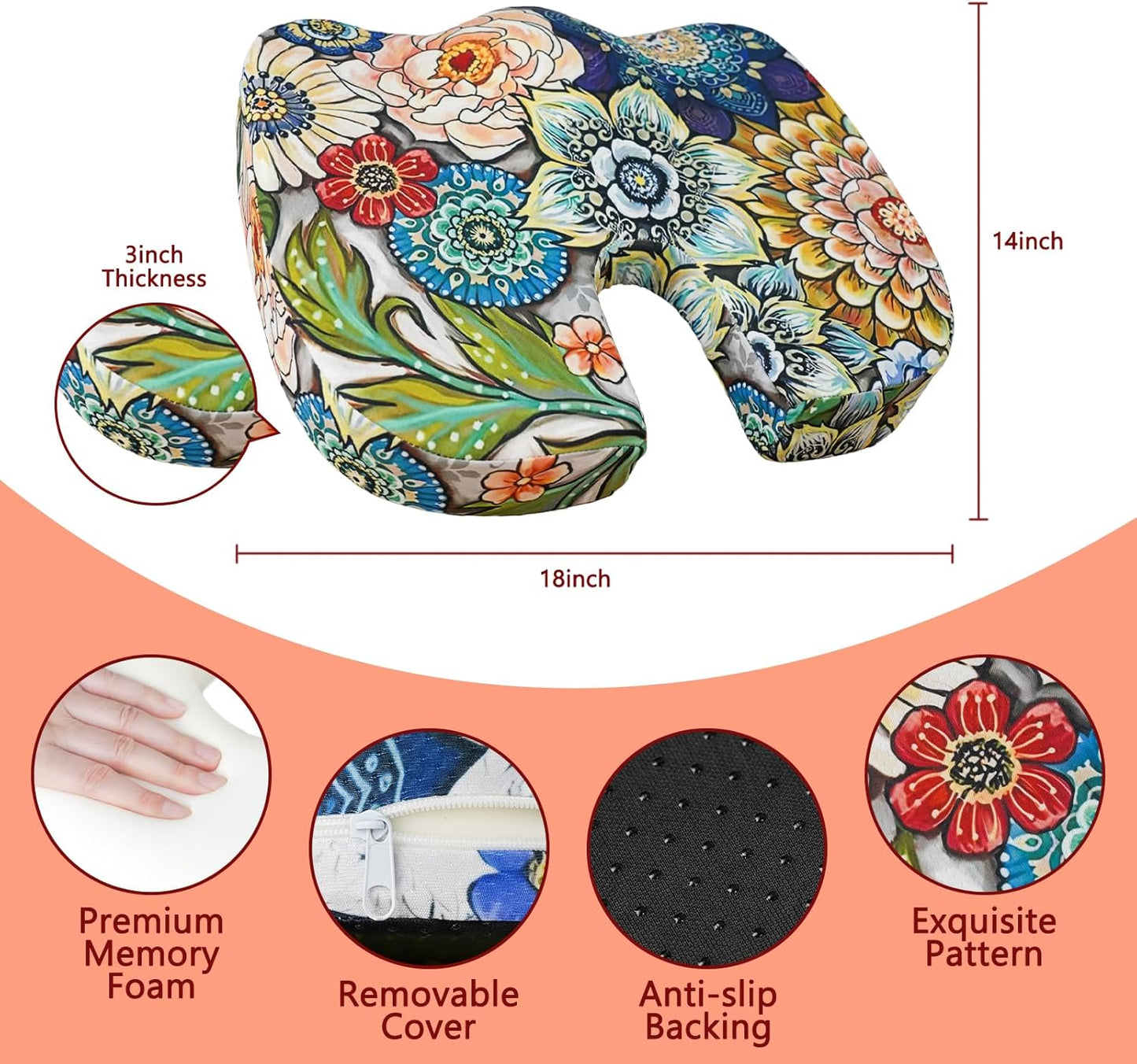 Floral Memory Foam U-Shaped Seat Cushion – Ergonomic Tailbone Relief Pad for Office, Car, Wheelchair (Removable Cover)
