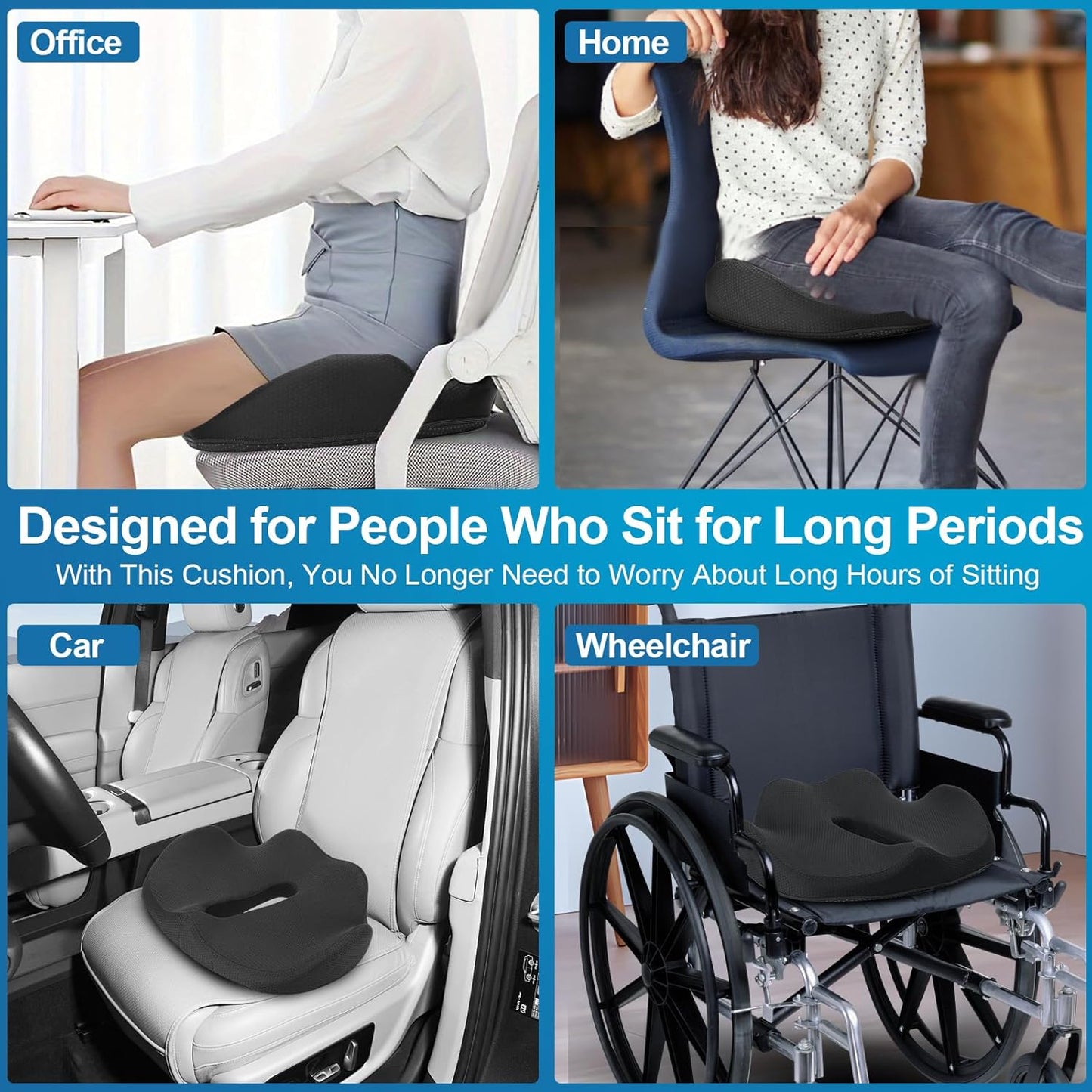 Ergonomic Coccyx Seat Cushion – Extra-Large Memory Foam Pillow with Non-Slip Bottom for Office Chair, Car, Wheelchair, Home (16.9"x14.1"x4.3")
